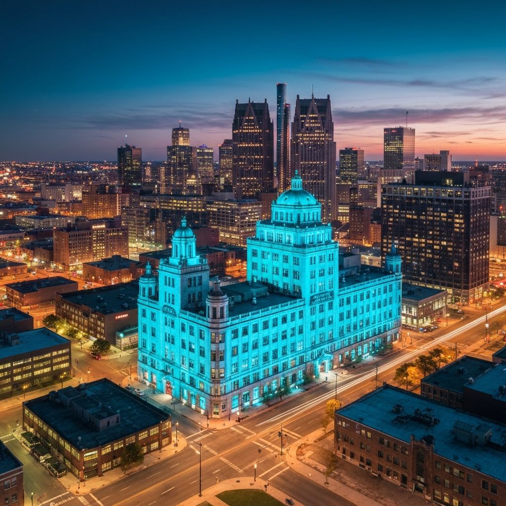 Aerial view of Detroit and the Packard Plant site
