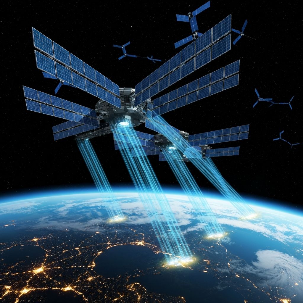 Orbital solar array beaming power to Earth from space